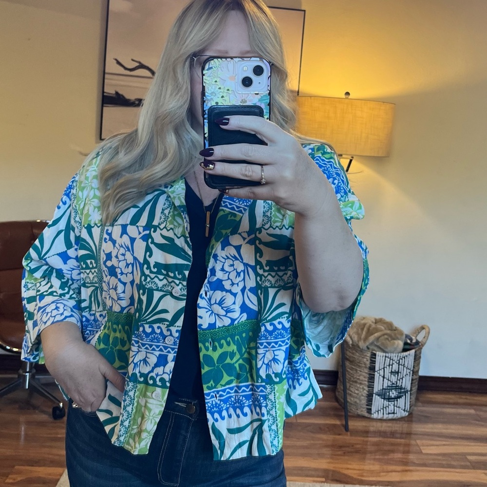 White Closet linen Floral Patchwork Button Down Shirt Green Blue Sz 12 oversized